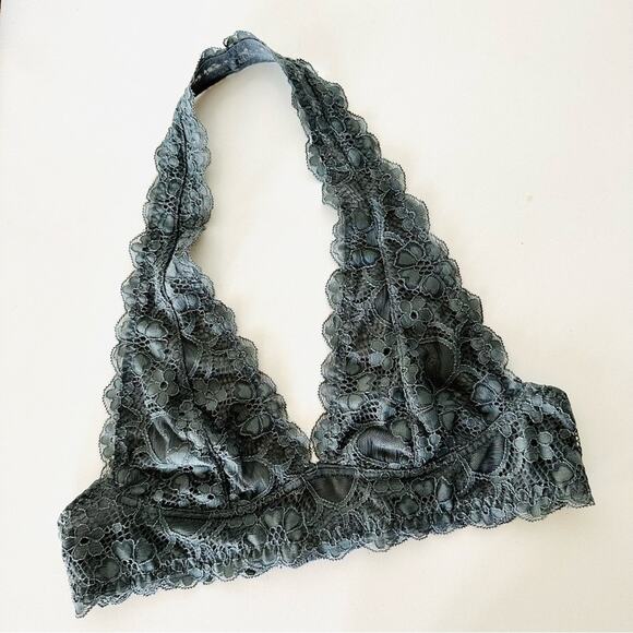 FP FREE PEOPLE Charcoal Grey Lace Halter Plunge VNeck Tank Sheer Bra Bralette S - Picture 1 of 8